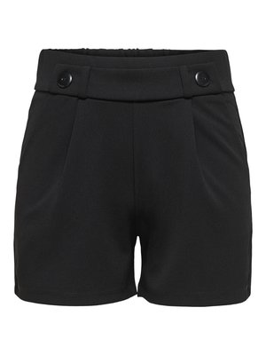 Zwarte shorts van gladde stof, met een brede tailleband met twee zwarte knopen, plooien aan de voorkant en zijzakken.