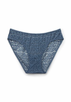 Spitzenunterwäsche in einem blau-grauen Farbton mit einem floralen Muster, sanfter Textur und einer gewellten Bordüre entlang des Taillenbundes und der Kanten.