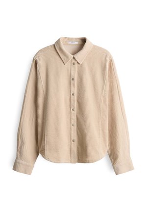 Beige Cordura Langarmhemd mit spitzem Kragen und Druckknopfverschluss, vor einem weißen Hintergrund präsentiert.