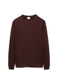 Effen donkerbruine, lange mouwen, ronde hals sweater met geribde boorden en zoom, afgebeeld op een witte achtergrond.