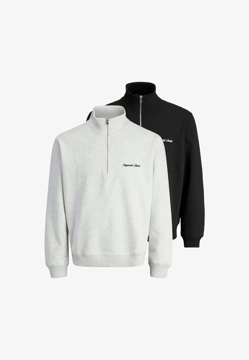 Two zip-neck sweatshirts, one gray and one black. Both have ribbed collars and cuffs, with a small logo on the front.
