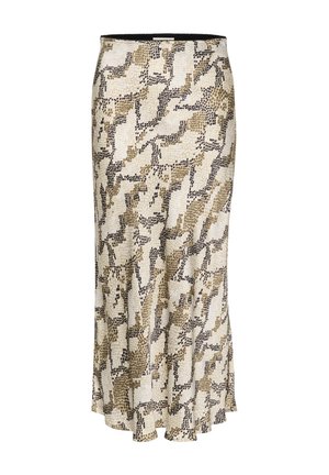 Jupe longueur genou avec une taille ajustée, présentant un motif abstrait beige, marron et noir, réalisée en tissu tissé texturé.