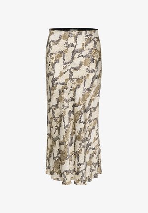 Knielanger Rock mit einem taillierten Bund, der ein beige-braunes und schwarz-abstractes Muster aufweist, hergestellt aus einem strukturierten gewebten Stoff.