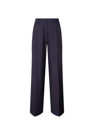 Pantaloni a gamba larga a vita alta di colore blu navy con passanti per cintura e sottili pieghe frontali, progettati per abbigliamento formale o da lavoro.