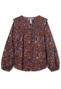 Rustowy top w niebieski wzór kwiatowy, z marszczonym dekoltem i zapięciem na guziki. Długie bufiaste rękawy z elastycznymi mankietami.