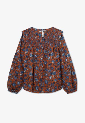Roodbruine blouse met blauw bloemenpatroon, gerimpelde halslijn en knoopsluiting. Lange puffmouwen met elastische manchet.
