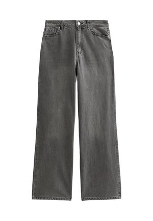 Grå vida jeans i denim med knappstängning, bältesloops och fem fickor. Mjuk textur med en blekt finish.