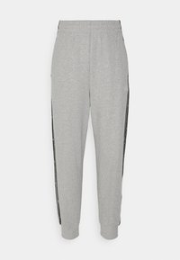 Light gray sweatpants with elastic waist and cuffs, featuring black side stripes with white logos on each side.