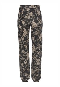 Zwarte bloemenbroek met een beige bloemenpatroon, wijde pijpen, zachte stof en een elastische tailleband.