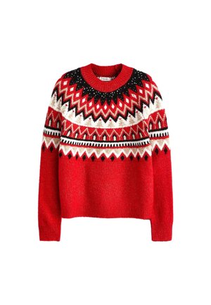 Pull rouge en maille avec motifs géométriques en zigzag et diamants noirs, blancs et rouges sur le yoke et les manches, col rond et manches longues.