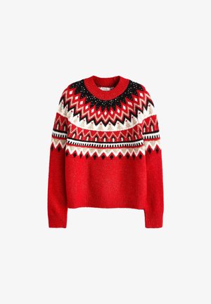 Pull rouge en maille avec motifs géométriques en zigzag et diamants noirs, blancs et rouges sur le yoke et les manches, col rond et manches longues.