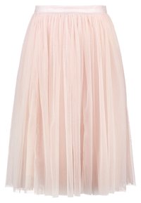 Gonna in tulle rosa pallido con un design arricciato e una vita liscia, caratterizzata da più strati per un maggiore volume e texture.