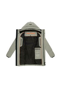 Hellgraue isolierte Jacke mit abnehmbarem Kapuze, schwarzem Innenfutter, orangefarbenen Akzenten und mehreren Innentaschen.