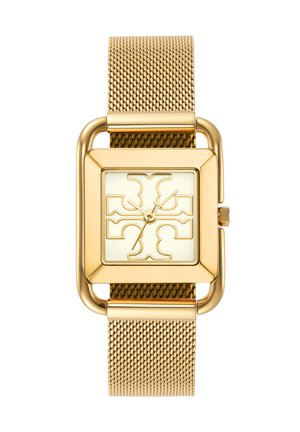 Gold metal mesh strap watch with a square face, light gold dial featuring a cut-out logo design and delicate hour and minute hands.