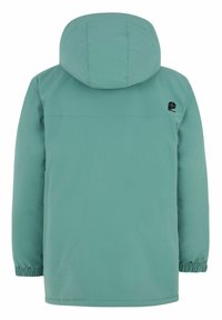 Türkisfarbene wasserdichte Jacke mit Kapuze, elastischen Bündchen und einem schwarzen Logo auf dem oberen Rücken. Glatte Textur, normale Passform und mittellanges Design.