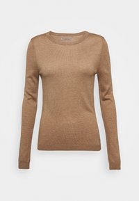 Maglione lungo marrone a maniche lunghe realizzato in morbido tessuto a maglia, con scollatura rotonda e silhouette aderente, rifinito con polsini e orlo a costine.