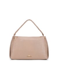 Beżowa skórzana torba na ramię z plecionym uchwytem, złotymi elementami i gładką teksturą. Posiada wyraźny kształt oraz subtelną markę widoczną z przodu.