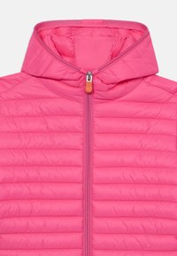 Pink insulated jacket with a high collar, featuring a front zipper and horizontal quilted pattern. Smooth texture and lightweight design.