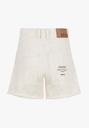 White denim shorts with frayed hem, two back pockets, and a tan leather label. Printed text on one pocket. Classic, straight-leg design.