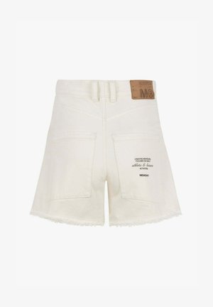 White denim shorts with frayed hem, two back pockets, and a tan leather label. Printed text on one pocket. Classic, straight-leg design.