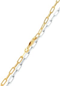 Halsband av länkkedja i guld och silver; har avlånga ovala länkar, en krabblås och en blandad metalldesign. Ytan är slät.