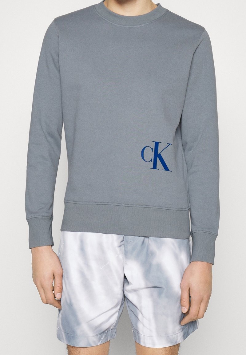 Sweatshirt gris avec un col rond, des manches longues, des poignets et un ourlet côtelés. Présente un logo 'cK' bleu sur le bas à gauche.