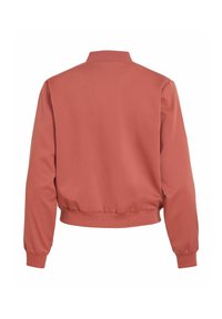 Veste bomber unie couleur rouille à manches longues avec col, poignets et taille côtelés, vue de dos.