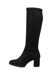 Botas negras hasta la rodilla de ante suave, con un tacón grueso y diseño de punta redonda, con un empeine sin costuras y suela texturizada.