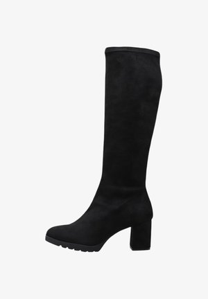 Botas negras hasta la rodilla de ante suave, con un tacón grueso y diseño de punta redonda, con un empeine sin costuras y suela texturizada.