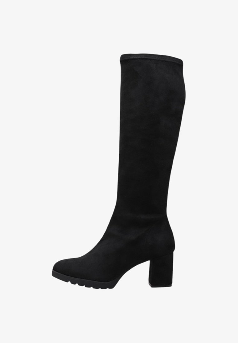 Bottes noires montantes en suède lisse, avec un talon épais et un design à bout arrondi, un dessus sans couture et une semelle texturée.