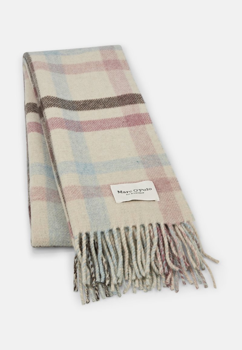 Écharpe en laine douce pliée avec un motif à carreaux pastel en crème, rose, bleu et marron, présentant des bords frangés et une étiquette Marc O'Polo.