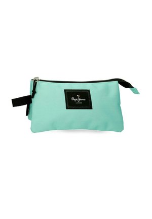Estuche rectangular de lápices azul claro con cremallera y asa negras, con un parche con el logo negro de Pepe Jeans London en el frente.