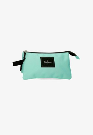 Estuche rectangular de lápices azul claro con cremallera y asa negras, con un parche con el logo negro de Pepe Jeans London en el frente.