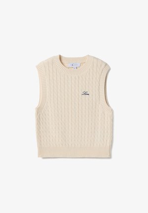 Chaleco sin mangas de punto con trenza en color crema, con bordes de canalé y pequeño bordado azul marino "Love" en el lado izquierdo del pecho.