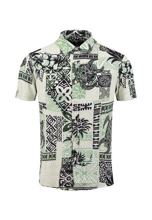 Kort mouw overhemd met knopen, met groene, zwarte en witte tropische en geometrische patronen, waaronder schildpadden, bloemen en palmbomen.