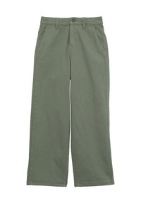 Zielone szerokie spodnie wykonane z bawełny, z zapięciem na guzik, dwoma przednimi kieszeniami oraz gładką fakturą z minimalnymi detalami szwów.