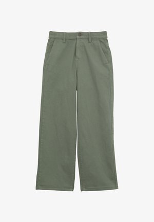 Zielone szerokie spodnie wykonane z bawełny, z zapięciem na guzik, dwoma przednimi kieszeniami oraz gładką fakturą z minimalnymi detalami szwów.
