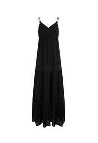 Robes maxi noires avec bretelles spaghetti ajustables, buste brodé et ourlet à plusieurs niveaux avec des détails en œillets. Tissu léger.