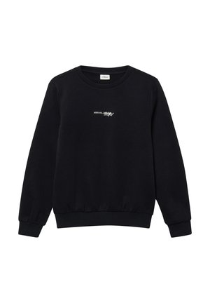 Sweatshirt noir en tissu doux avec un col rond, des poignets et un ourlet côtelés. Présence d'un texte imprimé blanc sur le devant.