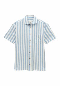 Lühikeste varrukatega nööbiga särk siniste ja valgete vertikaalsete triipudega, patšokiga ja pruunide nööpidega. Tehtud kergest kangast.