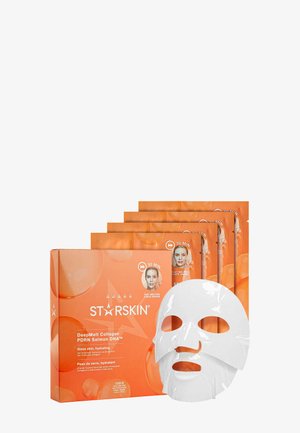 Boîte orange de masques en tissu au collagène STARSKIN DeepMelt, avec plusieurs sachets derrière et un masque blanc en forme de visage devant.
