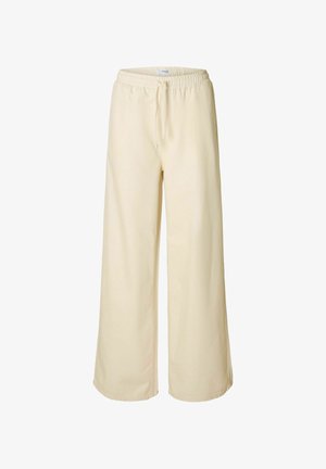 Cremefarbene, weit geschnittene Hosen mit einem elastischen Bund und Kordelzug. Hergestellt aus einem weichen Stoff, der minimale Nähte aufweist.