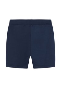 Pantaloni corti in cotone blu navy con vita elastica, texture liscia e senza elementi decorativi o motivi visibili.