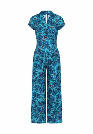 Blauwe jumpsuit met wijde pijpen, korte mouwen, V-hals en een abstract donkerbloemig patroon met zwarte en bruine accenten.
