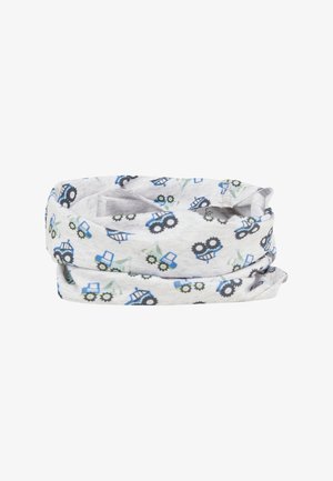 Cotton fabric wrap with a light gray background, featuring a repeating pattern of blue tractors and gears in green and black.