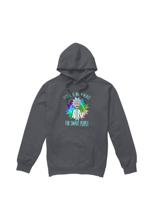 Dunkelgrauer Hoodie mit einem Cartoon-Wissenschaftler und farbenfrohem geometrischem Hintergrund, Text lautet: „Schule ist kein Ort für kluge Menschen.“
