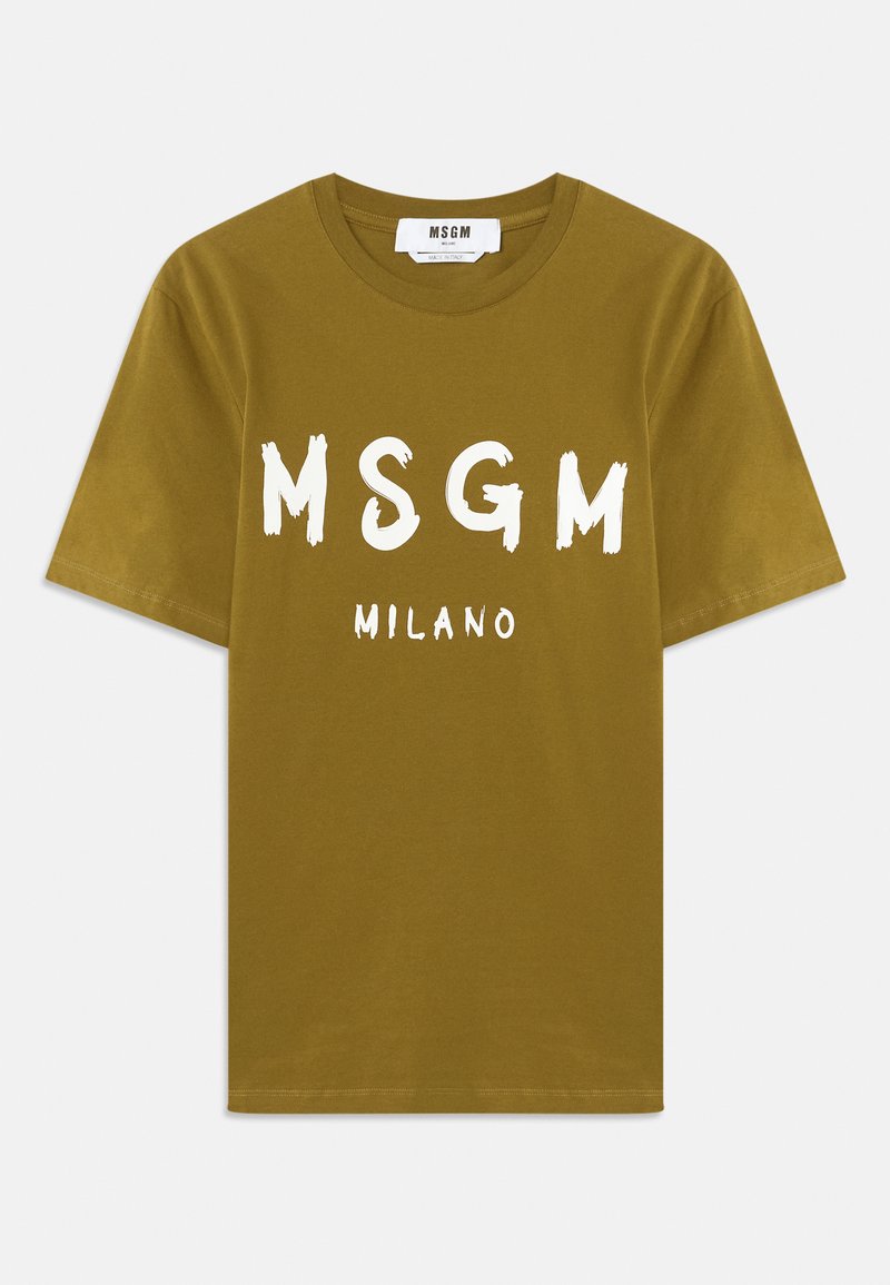 Olivgrön bomulls t-shirt med en vit borststiltryck av "MSGM" och "MILANO" på framsidan. Rund halsringning och korta ärmar.