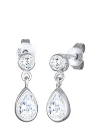 Silberne Ohrringe mit einem runden Kristallstecker oberhalb eines hängenden, birnenförmigen Kristalls, beide mit klaren, funkelnden Oberflächen und einer polierten Oberfläche.