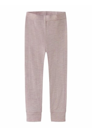 Leggings en tissu côtelé mauve clair avec une large taille élastique et des poignets ajustés aux chevilles sur fond blanc.