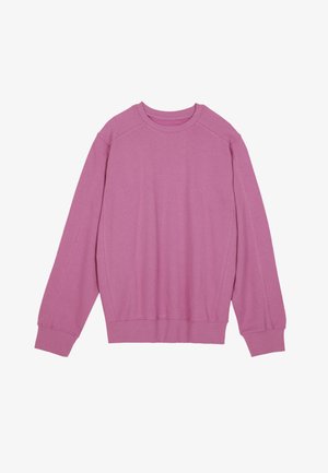 Pink crewneck sweatshirt made of soft cotton fabric. Features ribbed cuffs and hem, with a relaxed fit and raglan sleeves for comfort.